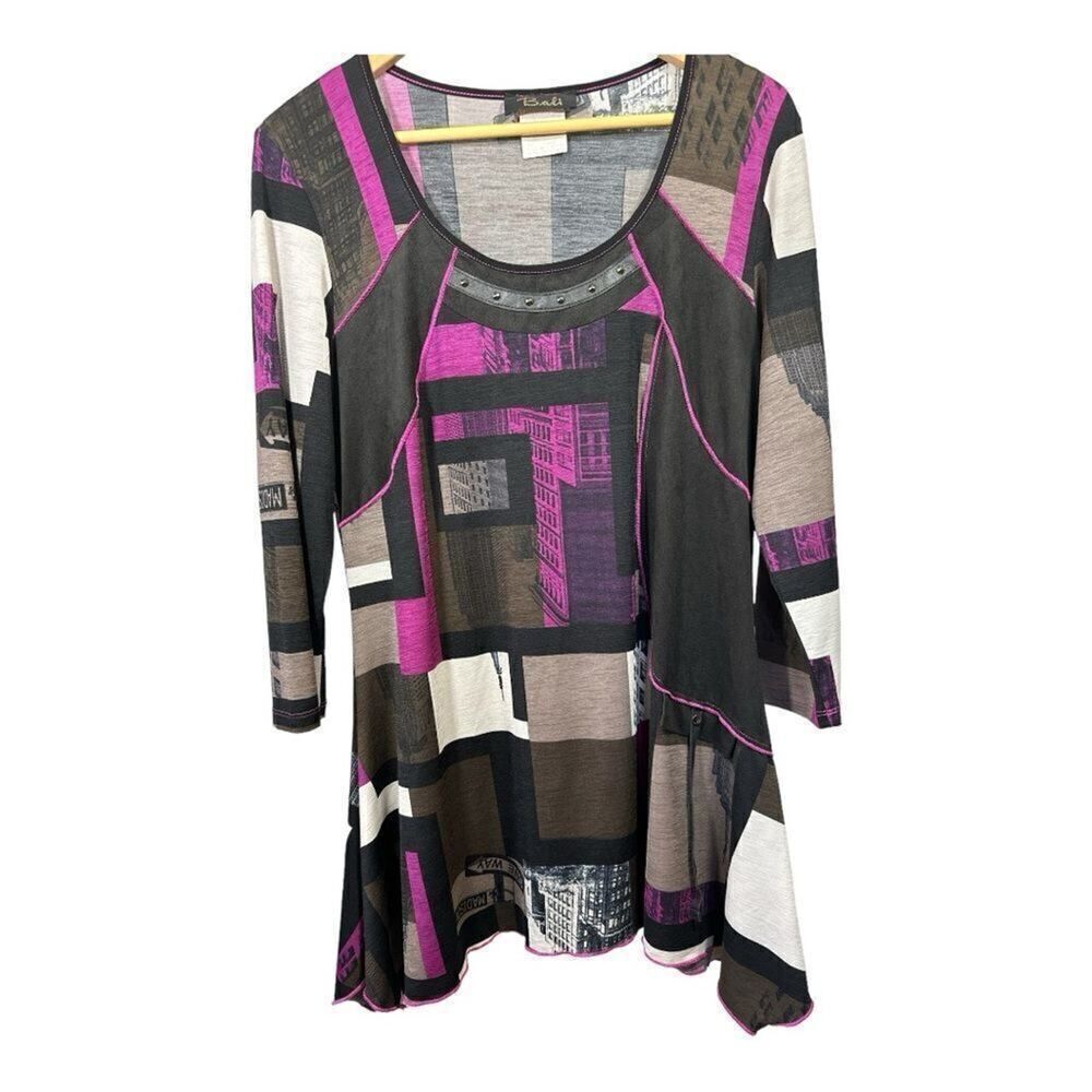 BALI Women's Skyline Geometric Print Scoop Neck Tunic Blouse Purple Size Small
